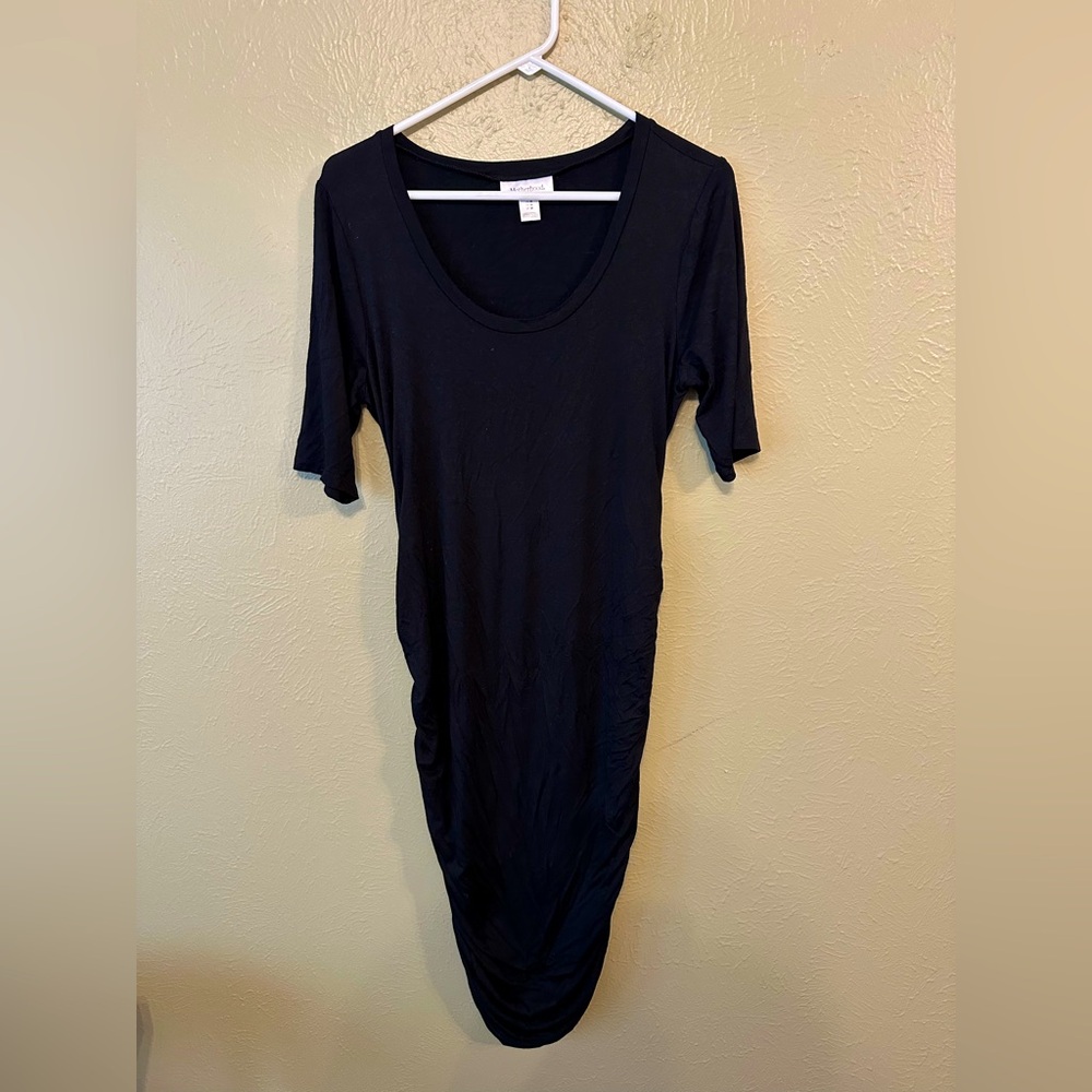 Motherhood Maternity Black Midi Dress ruched sides, 3/4 length sleeve